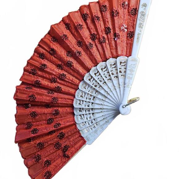 Other - Decorative Handheld Folding Fan with Red Fabric and White Frame